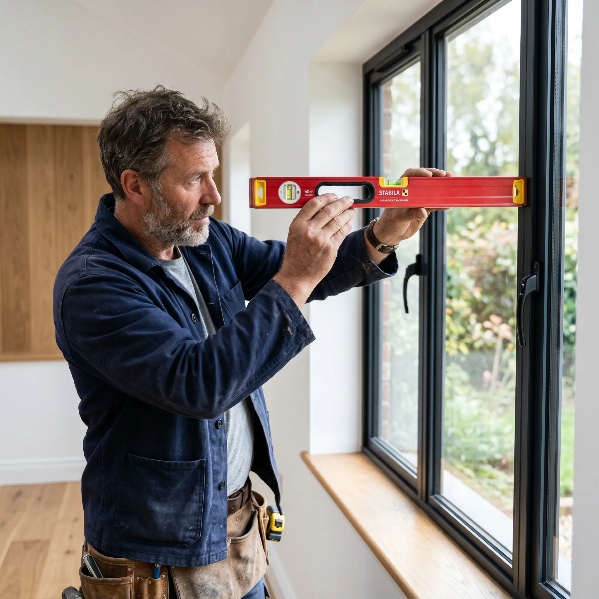 Ein erfahrener Tischler prüft den passgenauen Sitz eines neuen Fensters mit der Wasserwaage.