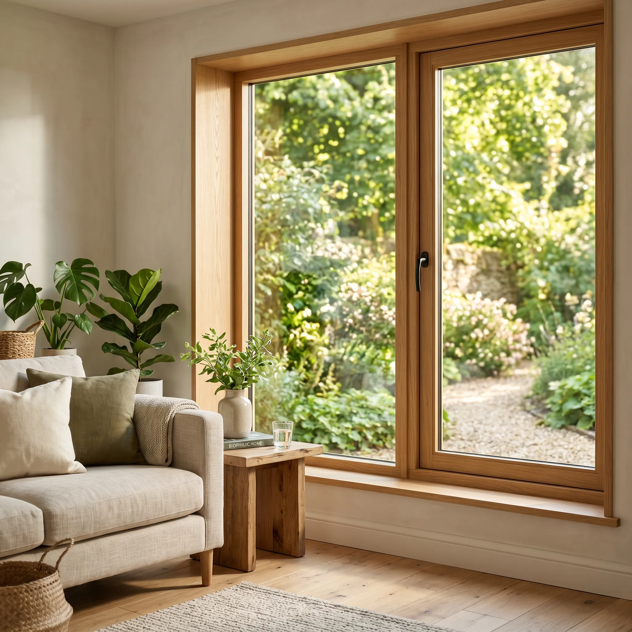 Blick von innen durch ein hochwertiges, modernes Holzfenster der Tischlerei Rathje in einen sonnigen Garten.