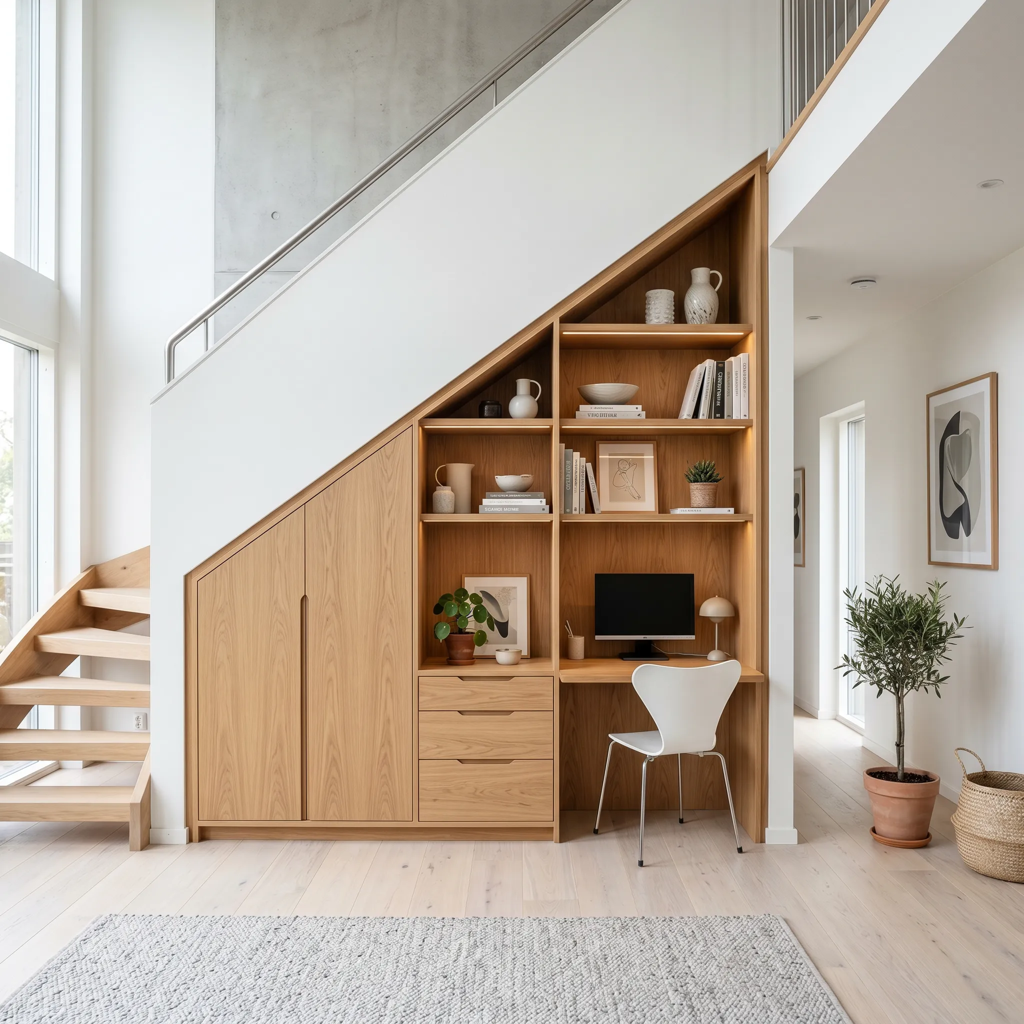Ein passgenauer, moderner Holzeinbauschrank, der perfekt in eine Dachschräge integriert ist.