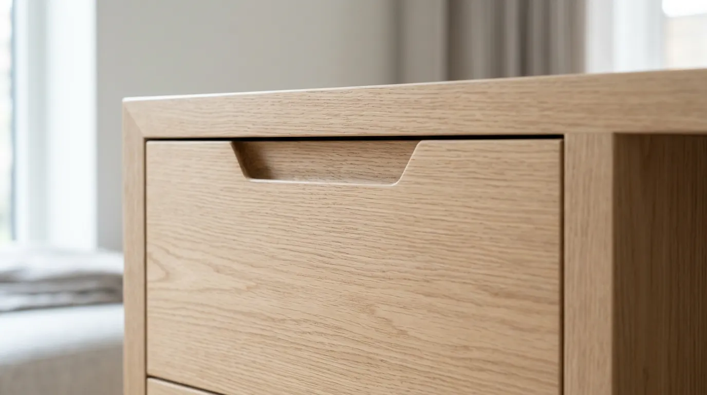 Detailansicht einer maßgefertigten Schublade aus Eiche mit perfekt durchlaufender Holzmaserung.