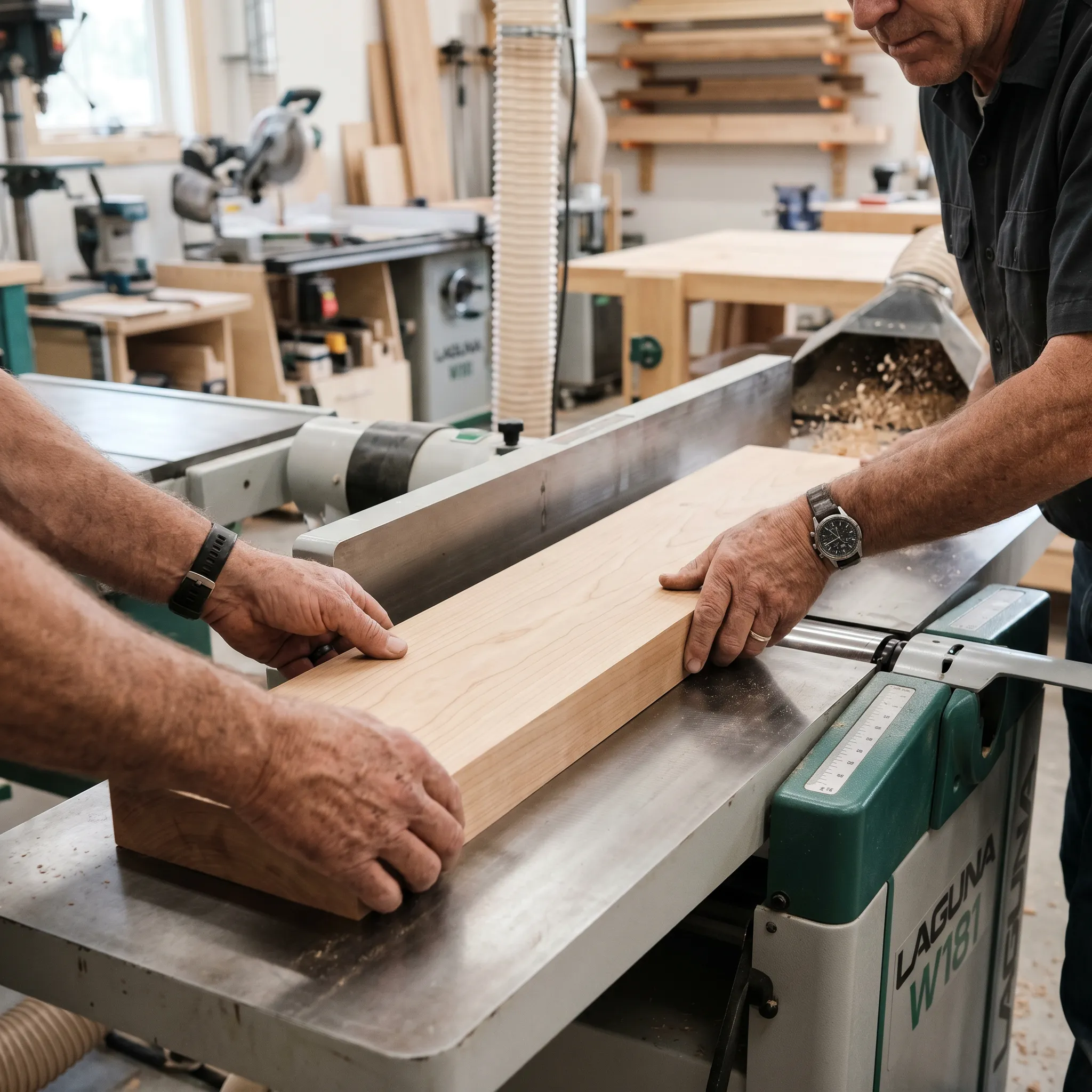 Ein Tischler bearbeitet ein Holzwerkstück an einer Präzisionsmaschine in der Werkstatt.